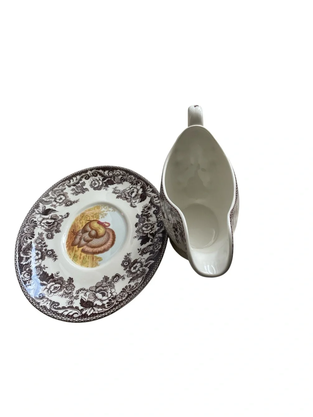 Spode Brown and Cream Turkey Motif Gravy Boat with Underplate